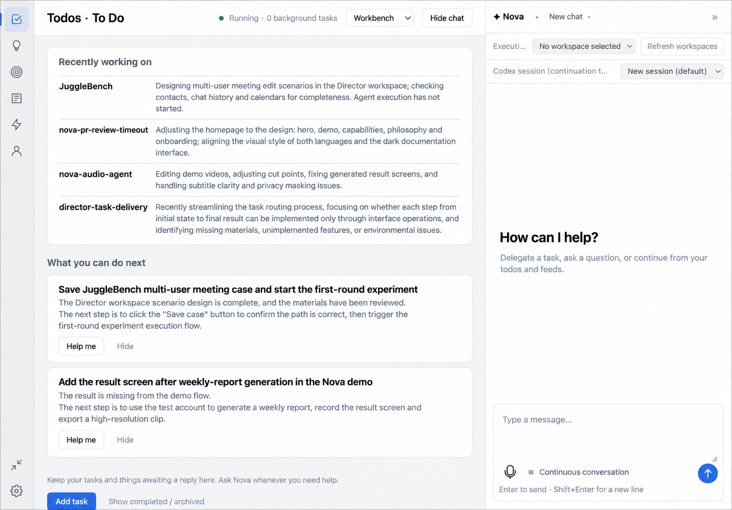 Nova workbench with project recaps, suggested todos and conversation